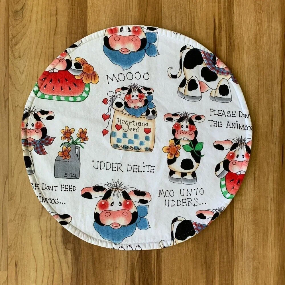 Set of 2 Cows Placemats Kitchen Round 15” Cotton Farmhouse White